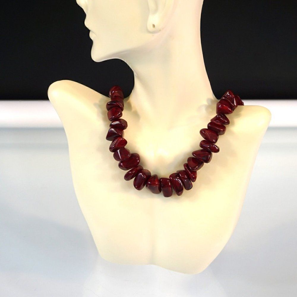 Vintage Cherry Red Collar Necklace 18 Inch Gemstone Chunks Natural Nugget Beads